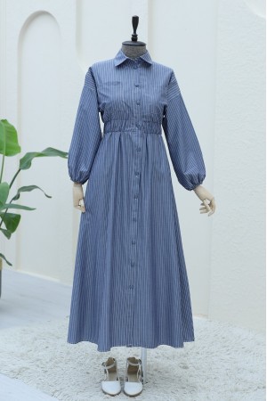 Önden Düğmeli Beli Lastikli Çizgili Elbise  -Laci