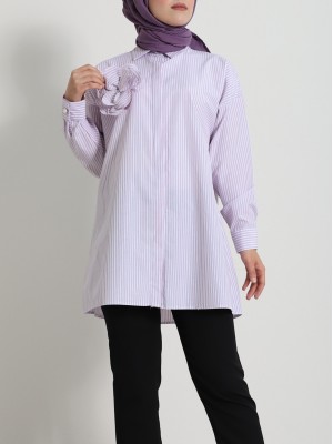 İnci Düğmeli Çizgili Broşlu gömlek -Pembe