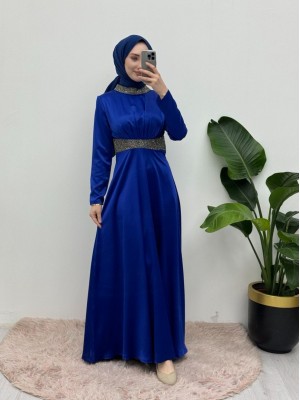 Satin Evening Dress with Stone Detail on Collar and Waist -Saxe 