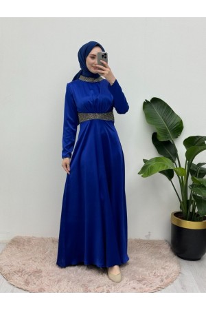 Yakası ve Beli Taş Detaylı Saten Abiye -Saks