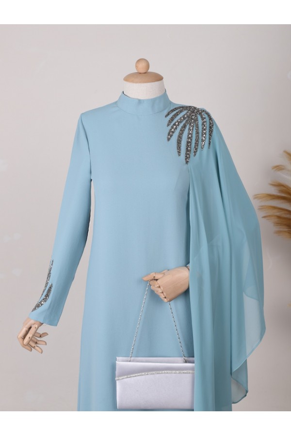 Omuzu ve Kolu Taşlı Şifon Detaylı Krep Elbise -Mint
