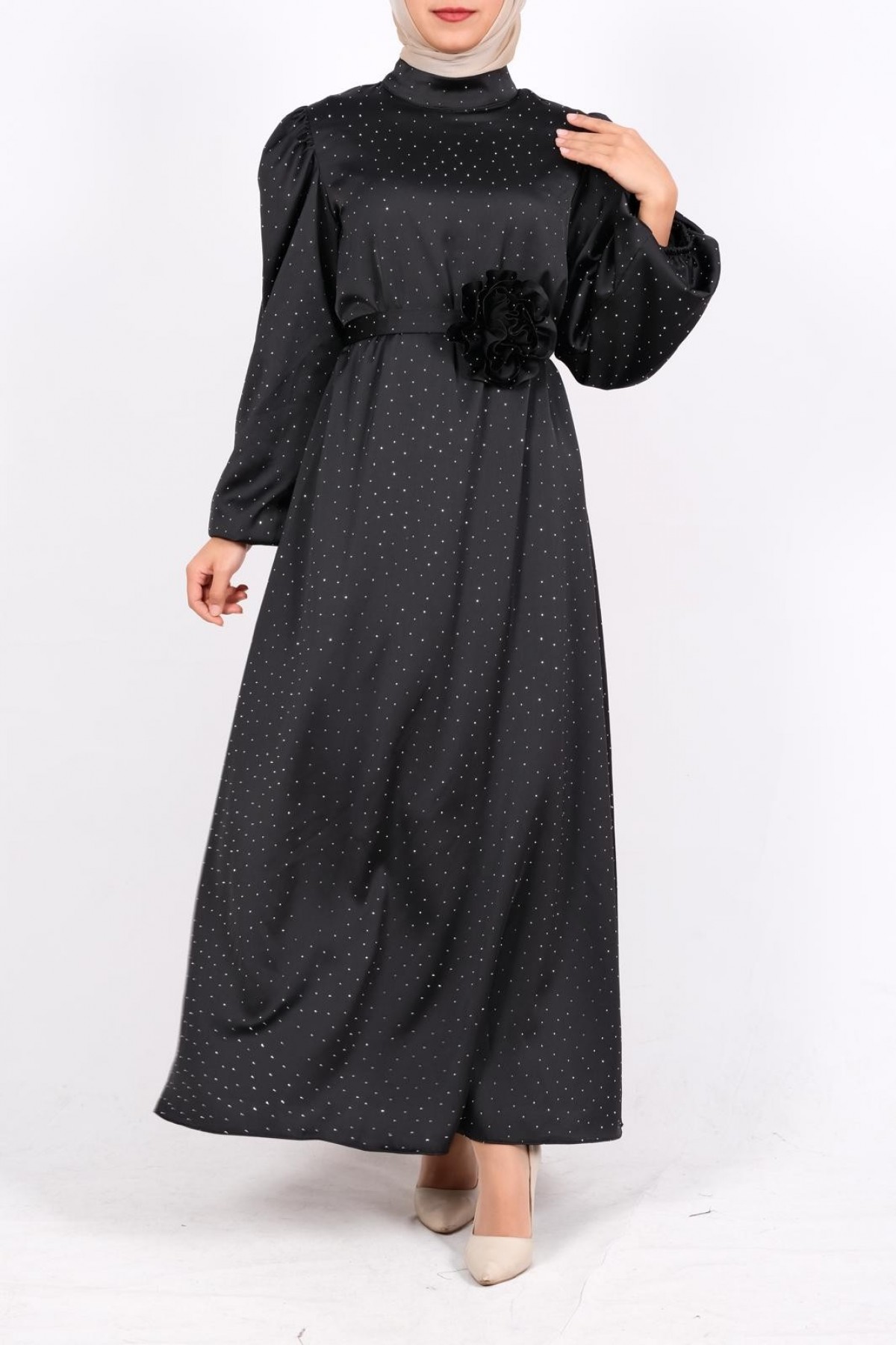Balloon Sleeve Belted Stoned Satin Dress -Black