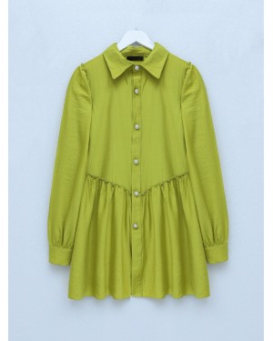 Pearl Button Suit with Gathered Shoulders and Front -Oil Green