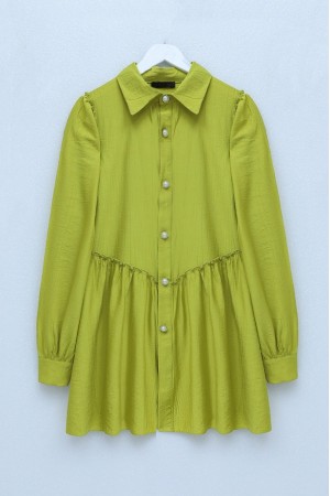 Omzu ve Önü Büzgülü İnci Düğmeli Takım -Yağ Yeşili