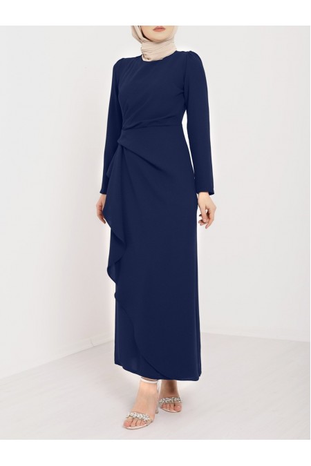 Önü Allerli Eteği Asimetrik Krep Elbise   -Laci