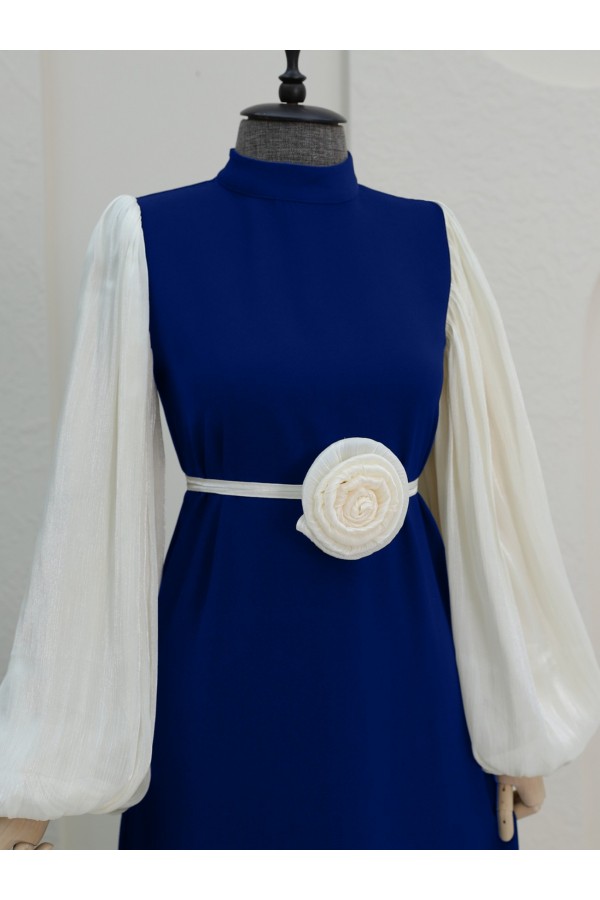 Rose Belted Dress with Gathered Sleeves -Navy blue