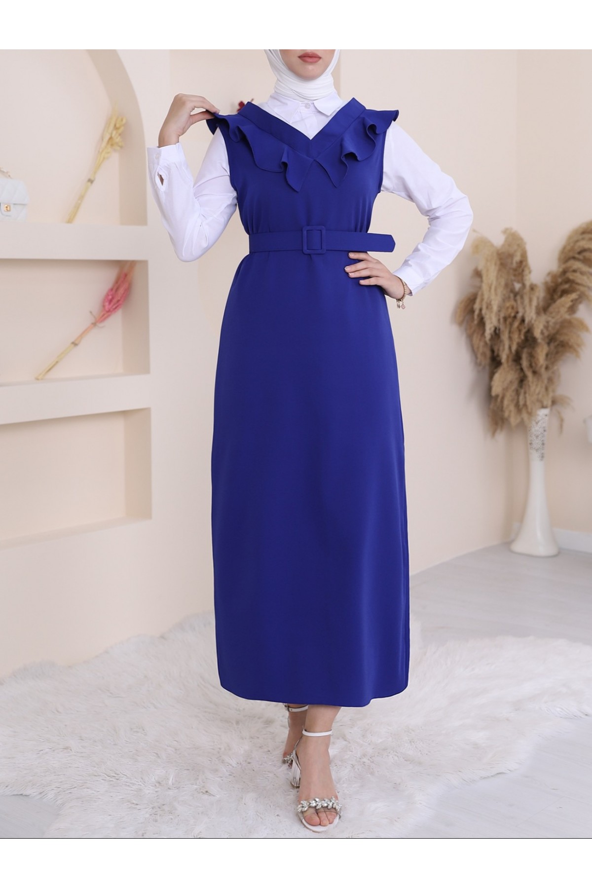 V Neck Long Gilet Dress      -Saxe 