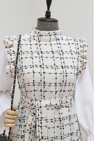 Kolları Fırfırlı Kemerli Tuvit Jile   -Beyaz