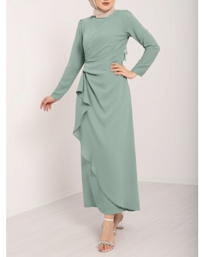 Önü Allerli Eteği Asimetrik Krep Elbise    -Mint