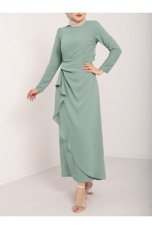 Önü Allerli Eteği Asimetrik Krep Elbise    -Mint