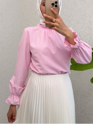 Yakası Büzgülü Bluz     -Pembe