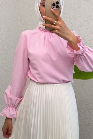Pleated Collar Blouse     -Pink