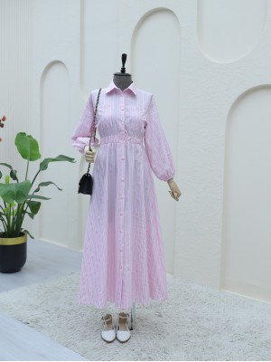 Front Buttoned Striped Dress with Elastic Waist -Pink