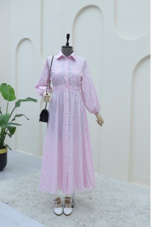 Önden Düğmeli Beli Lastikli Çizgili Elbise -Pembe