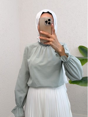 Yakası Büzgülü Bluz    -Su Yeşili