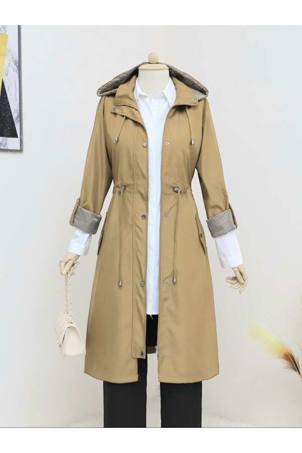 Lace-Up Trench Coat with Detachable Hood -Cinnamon