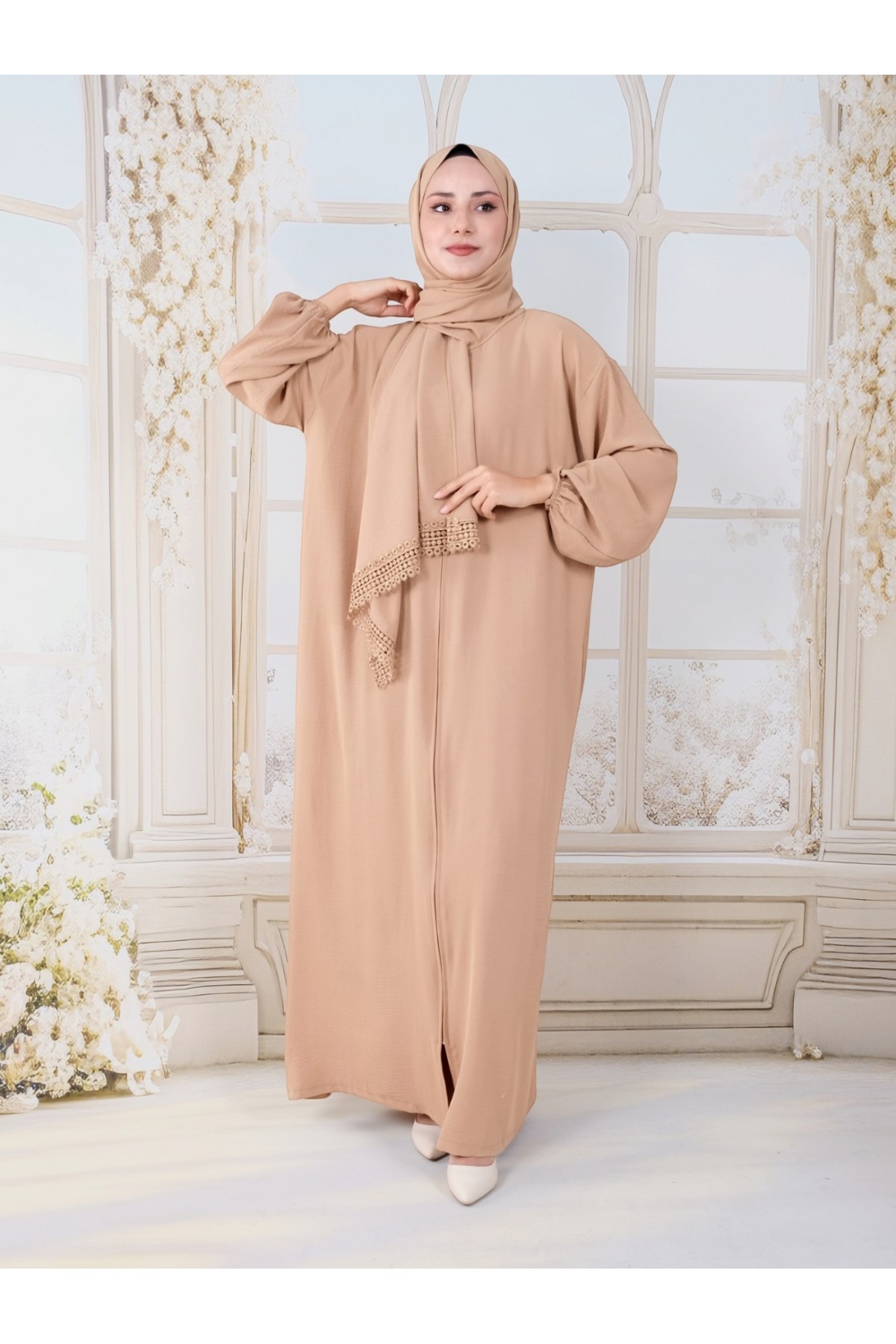 Imported Crepe Prayer Dress with Self Shawl and Zippered Length -Mink color
