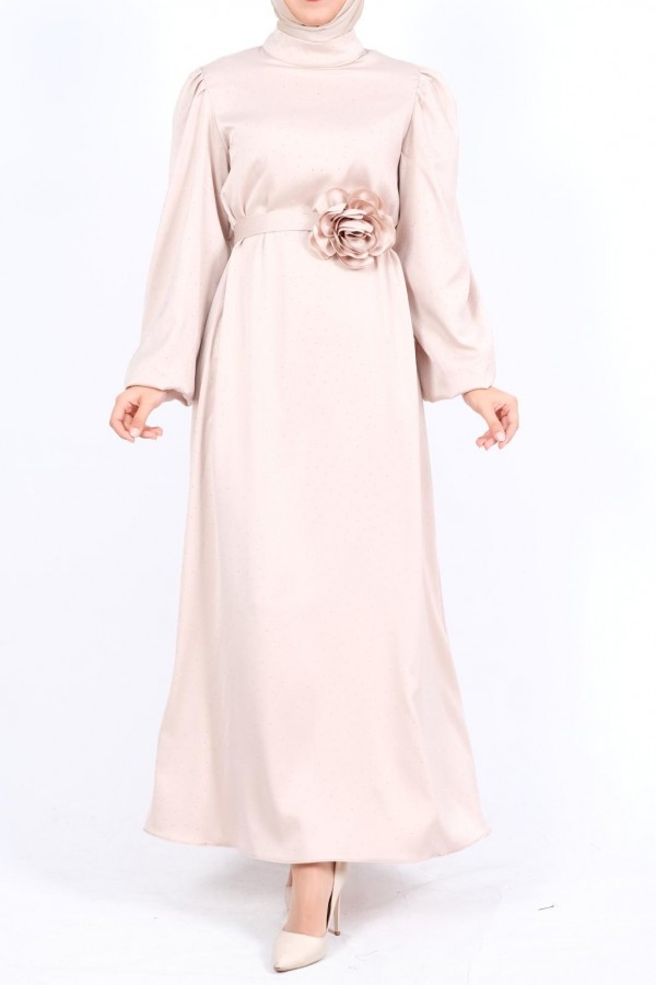 Balloon Sleeve Belted Stoned Satin Dress - Beige