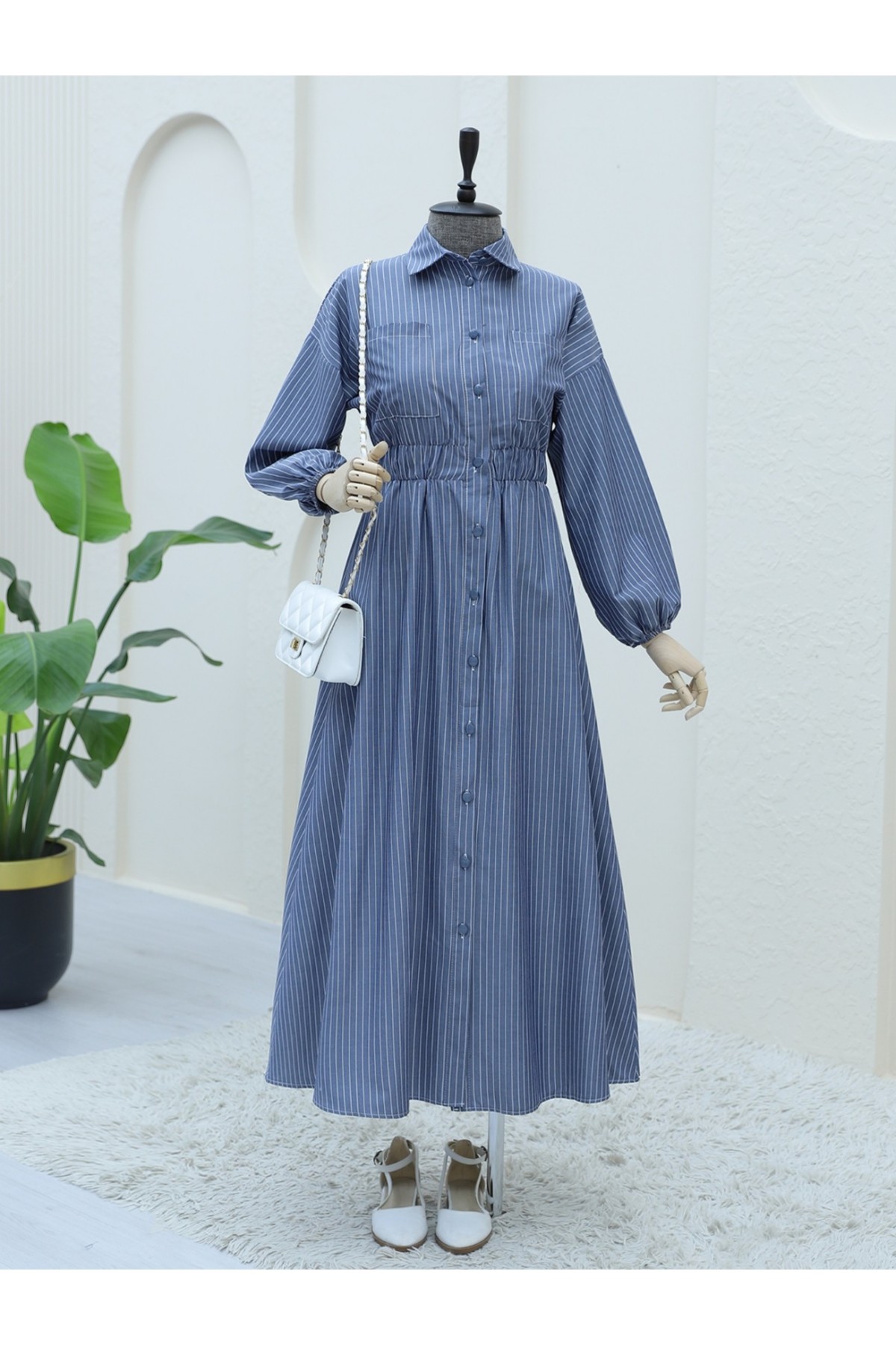 Front Buttoned Striped Dress with Elastic Waist  -Navy blue