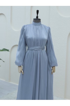 Omuzdan Büzgülü Işıltı Kumaş Balon Kol Elbise -Gri