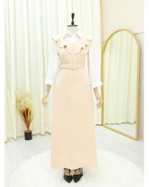 V Neck Long Gilet Dress       -Cream color