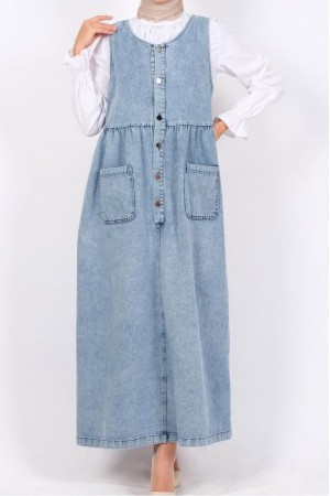 Önü Cepli Belden Büzgülü Yarım Patlı Kot Jile -Buz Mavi