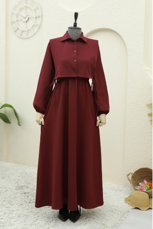 Üstü Gömlek Detaylı Elbise Takım  -Bordo