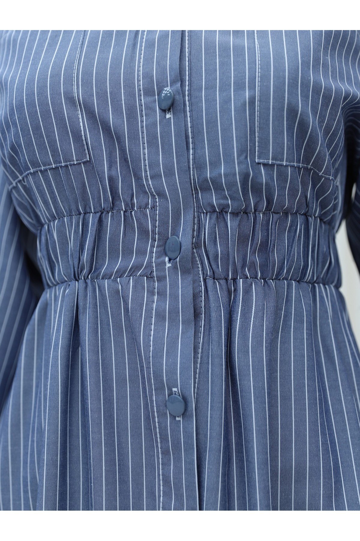 Front Buttoned Striped Dress with Elastic Waist  -Navy blue