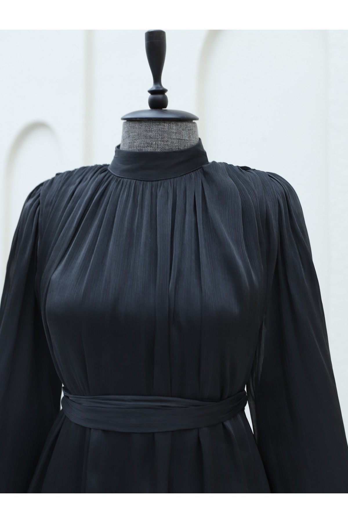 Shoulder Gathered Sparkly Fabric Balloon Sleeve Dress -Black