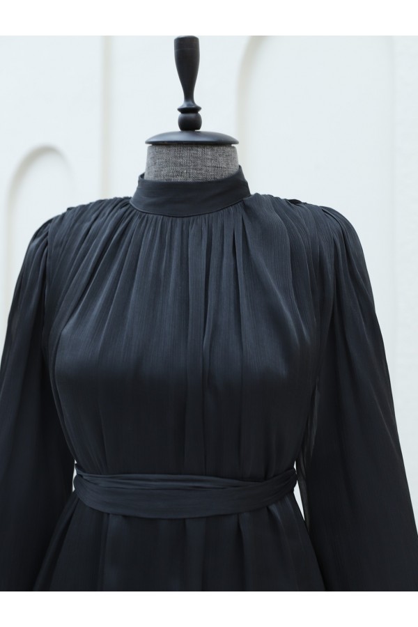 Shoulder Gathered Sparkly Fabric Balloon Sleeve Dress -Black