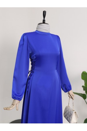 Yanları Bağcıklı Dik Yaka Kolu Lastikli Elbise -Saks