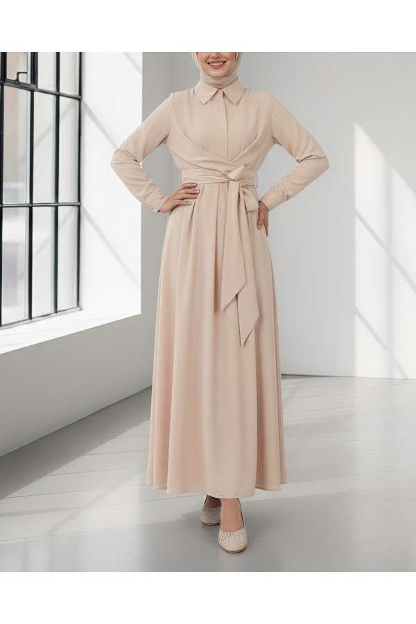 Half Buttoned Front Cross Tie  Dress - Beige