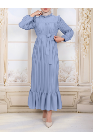 Front Robe Sleeves and Body Pleated Dress  -Light blue