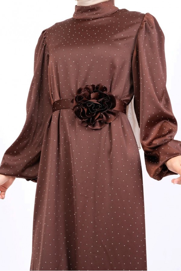 Balloon Sleeve Belted Stoned Satin Dress -Brown