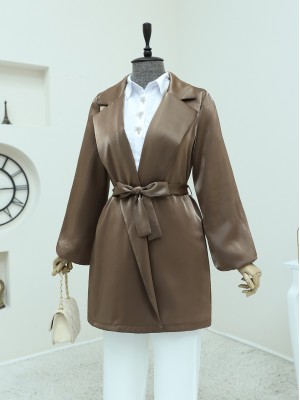 Lace-Up Satin Jacket with Flounce Sleeves -Brown