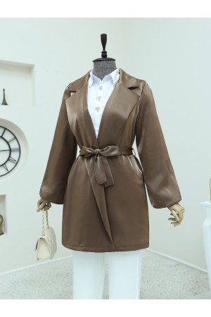 Kolları Volanlı Bağcıklı Saten Ceket -Kahve