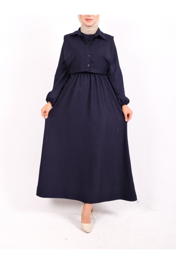Dress with Elasticated Sleeves and Waist with Shirt Detail on Top -Navy blue