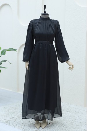 Shoulder Gathered Sparkly Fabric Balloon Sleeve Dress -Black