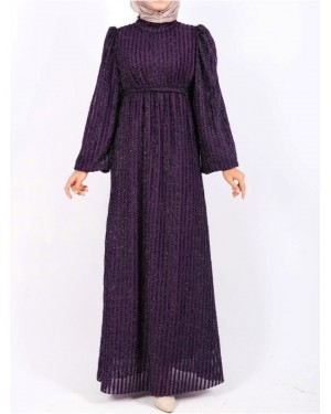 Kolu Lastikli Sim Çizgili Kemerli  Elbise -Mor