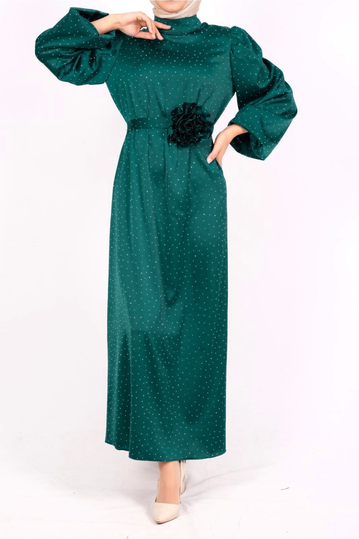Balloon Sleeve Belted Stoned Satin Dress -Emerald