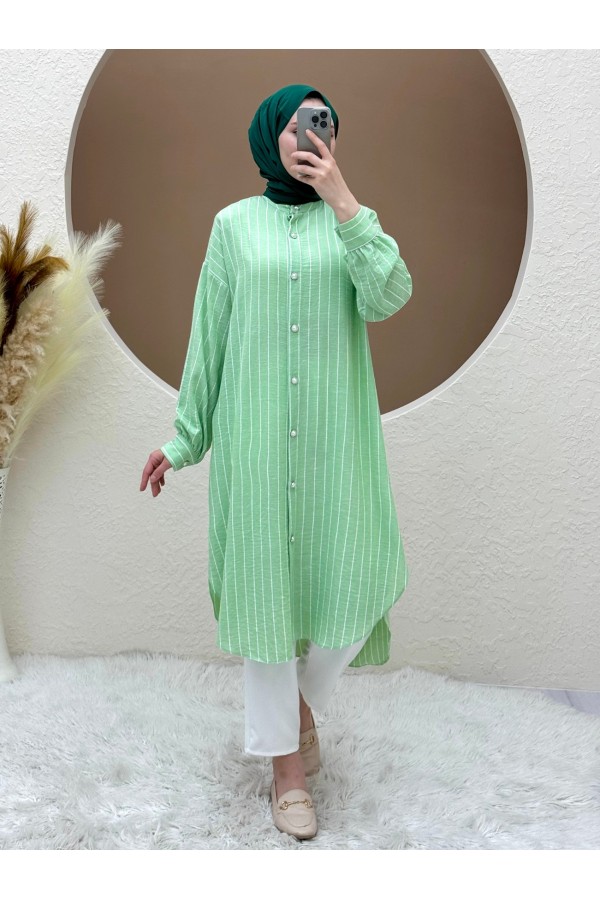 Top Buttoned Laced Striped Long Tunic -LIGHT GREEN