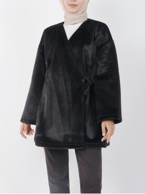 Side Tie Fur Jacket -Black