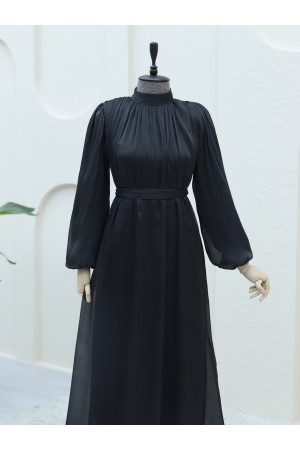 Omuzdan Büzgülü Işıltı Kumaş Balon Kol Elbise -Siyah