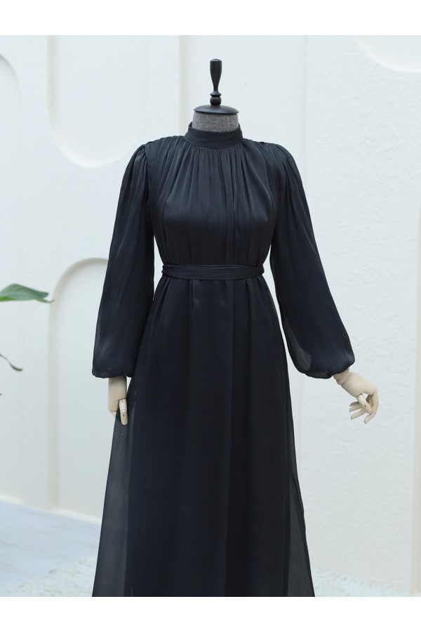 Shoulder Gathered Sparkly Fabric Balloon Sleeve Dress -Black