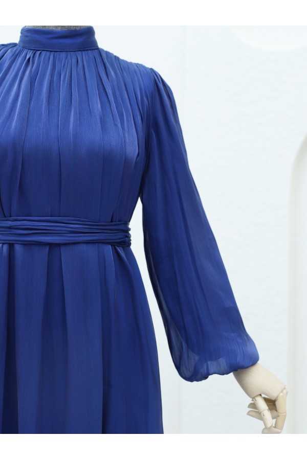Shoulder Gathered Sparkly Fabric Balloon Sleeve Dress -Navy blue