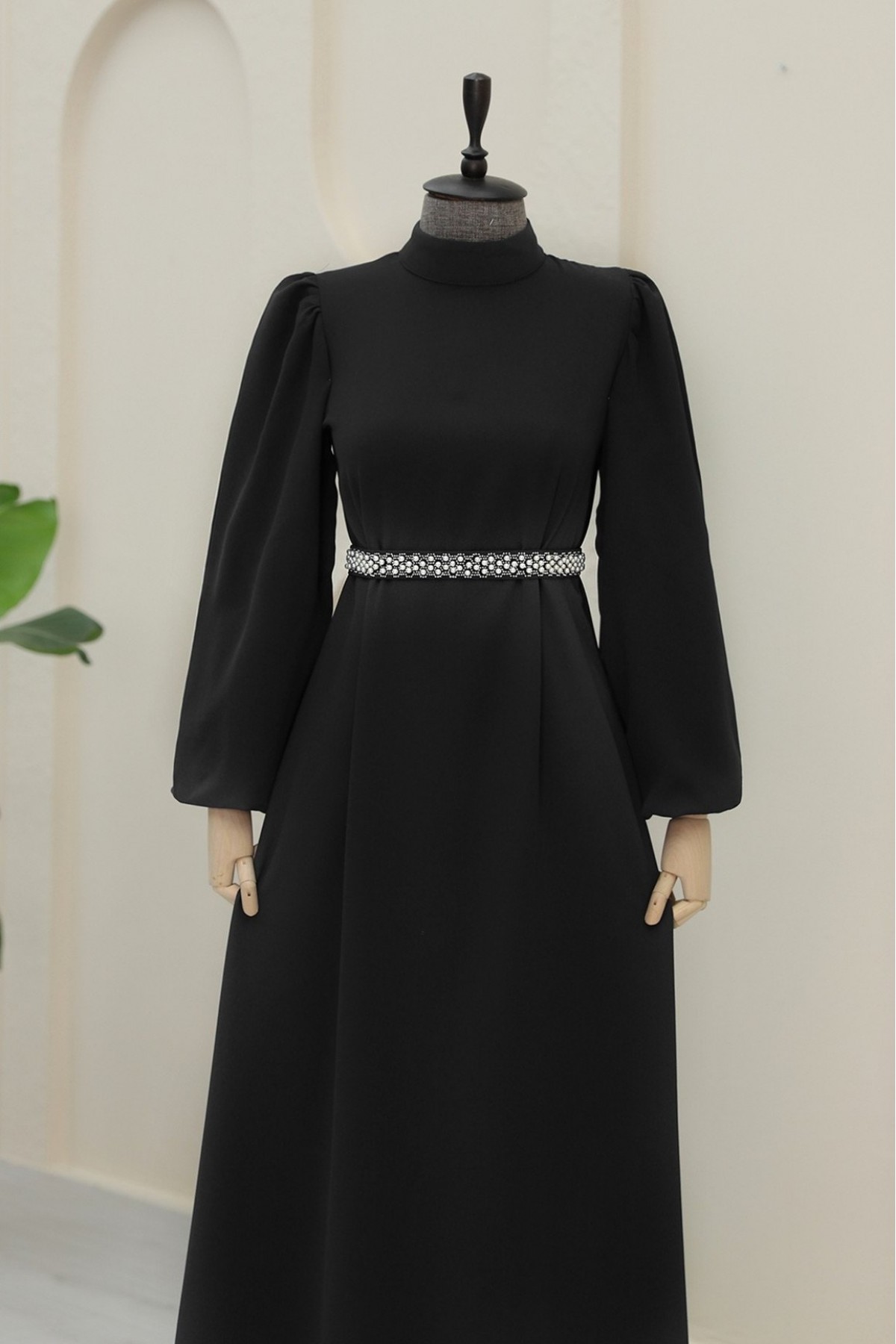 Magnificent Collar Balloon Sleeve Belted Dress -Black
