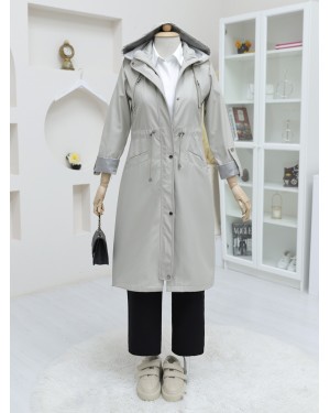 Snap Fastener Zippered Hooded Trench Coat -Stone