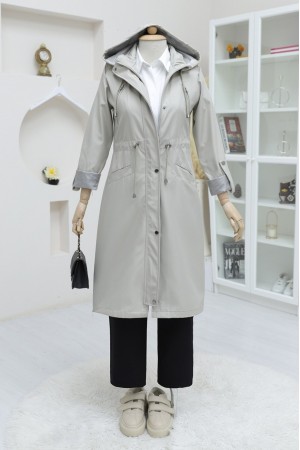 Çıtçıtlı Fermuarlı Kapşonlu Trenckot -Taş