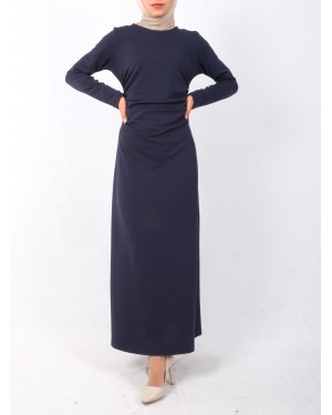 Waist Pleated Knitted Crepe Lycra Dress -Navy blue