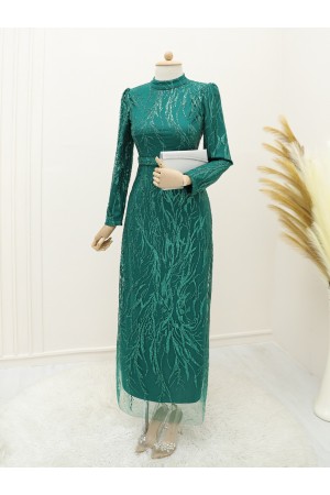 Glittery Sequin Lined Pencil Dress -Emerald